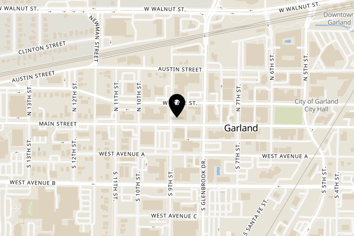 Map showing the location of Smith Spot BBQ on 823 Main St in Garland
